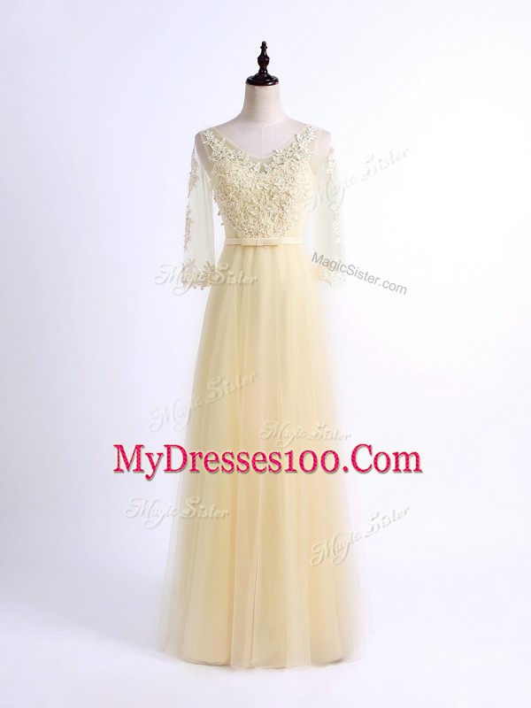 Latest Half Sleeves Floor Length Lace Lace Up Bridesmaids Dress with Light Yellow