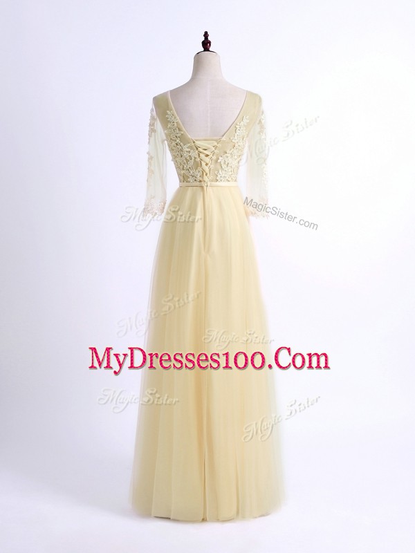 Latest Half Sleeves Floor Length Lace Lace Up Bridesmaids Dress with Light Yellow