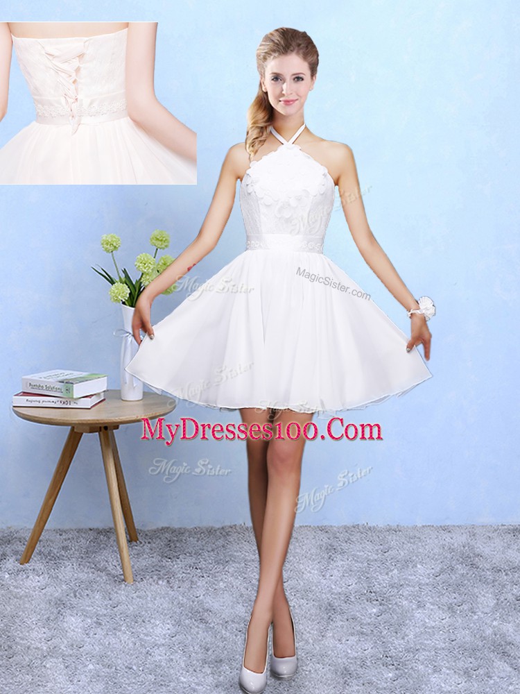 Pretty White Chiffon Lace Up Wedding Guest Dresses Sleeveless Mini Length Lace and Appliques