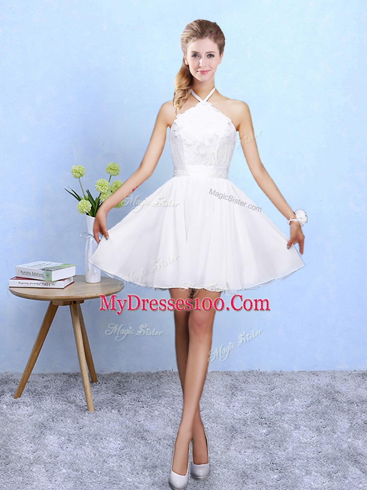 Pretty White Chiffon Lace Up Wedding Guest Dresses Sleeveless Mini Length Lace and Appliques