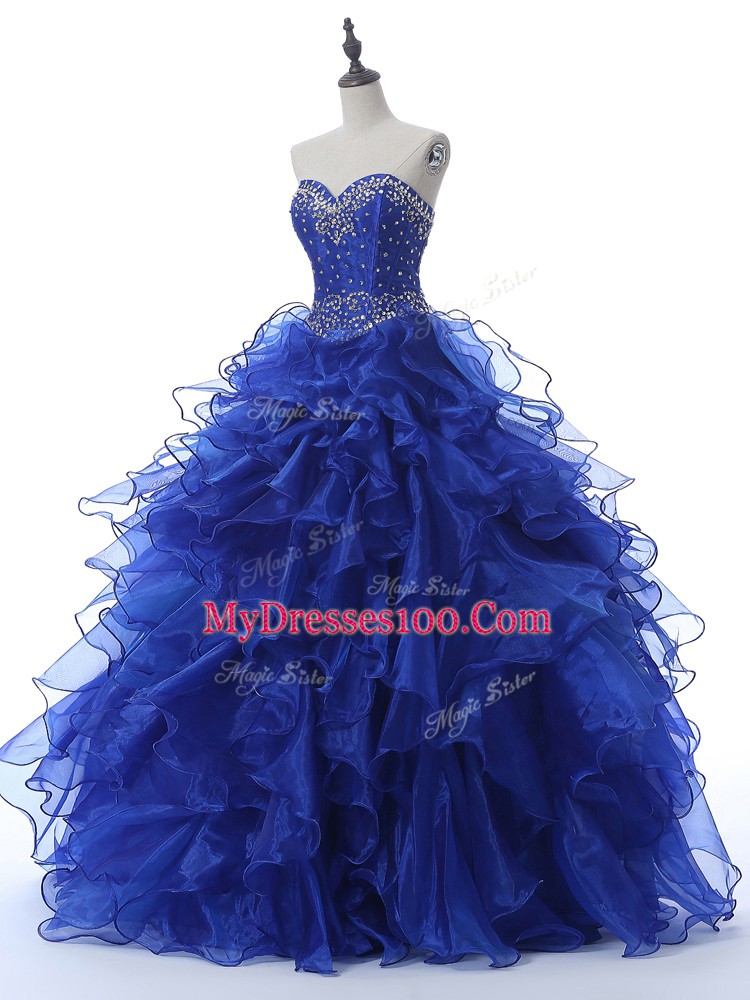 Spectacular Royal Blue Sleeveless Beading and Ruffles Floor Length Vestidos de Quinceanera