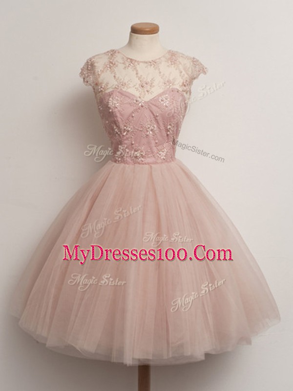 Peach Lace Up Bridesmaids Dress Lace Cap Sleeves Knee Length