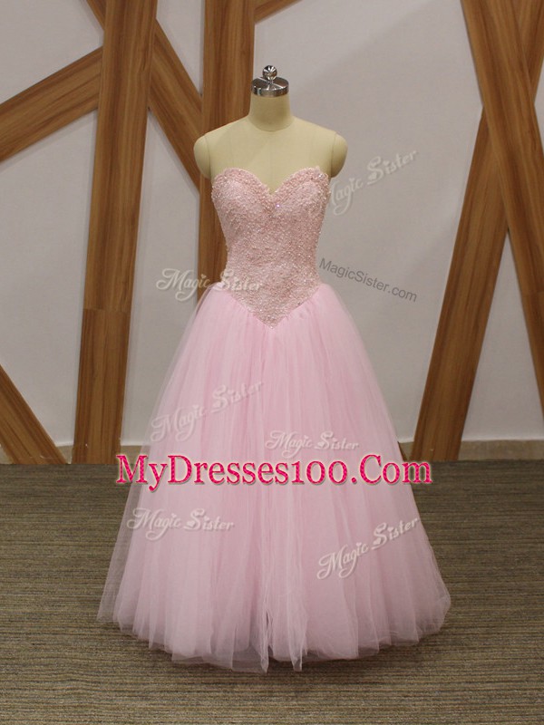 Floor Length Baby Pink Homecoming Dress Tulle Sleeveless Beading