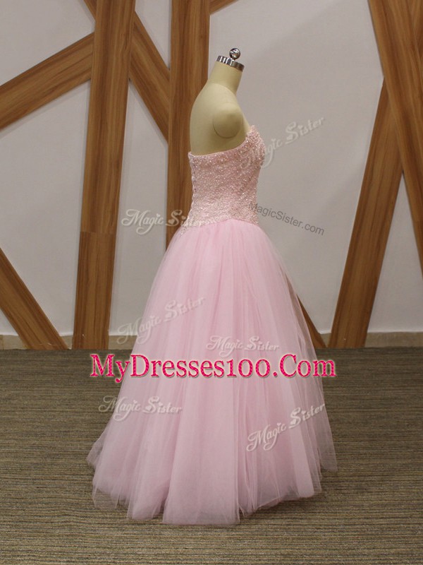 Floor Length Baby Pink Homecoming Dress Tulle Sleeveless Beading