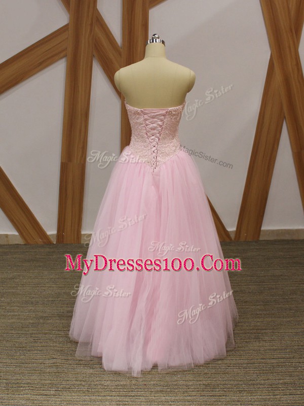 Floor Length Baby Pink Homecoming Dress Tulle Sleeveless Beading