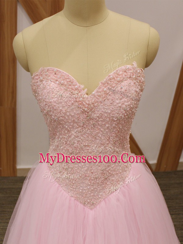 Floor Length Baby Pink Homecoming Dress Tulle Sleeveless Beading