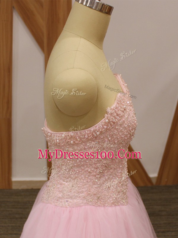Floor Length Baby Pink Homecoming Dress Tulle Sleeveless Beading