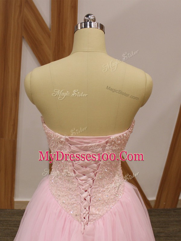 Floor Length Baby Pink Homecoming Dress Tulle Sleeveless Beading