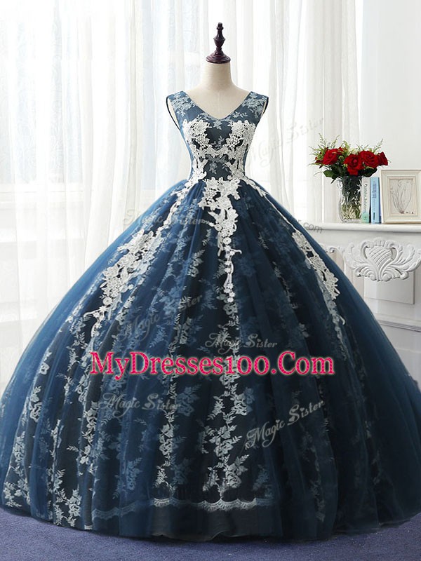 Sumptuous Sleeveless Floor Length Ruffles and Pattern Lace Up Sweet 16 Dresses with Navy Blue