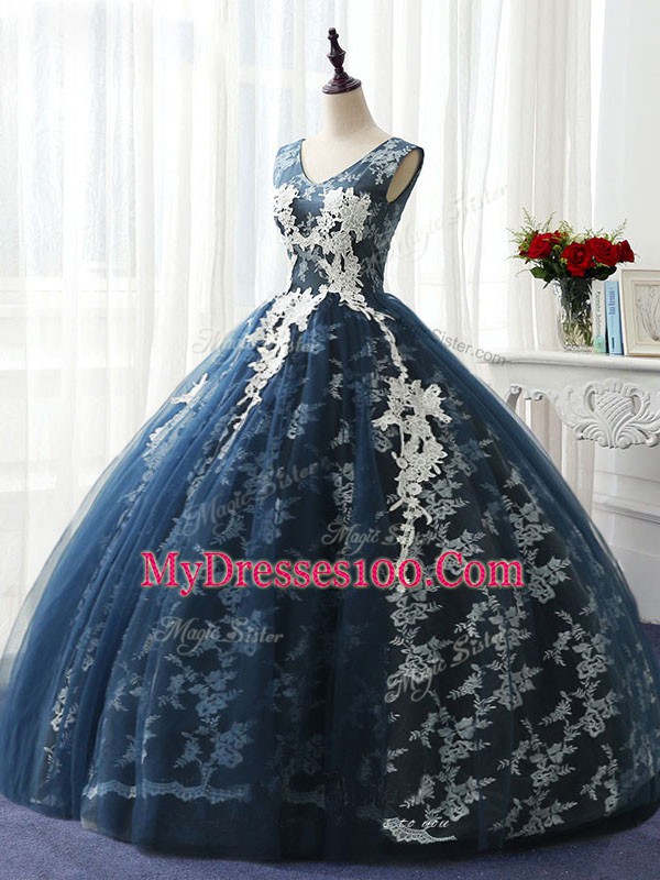 Sumptuous Sleeveless Floor Length Ruffles and Pattern Lace Up Sweet 16 Dresses with Navy Blue