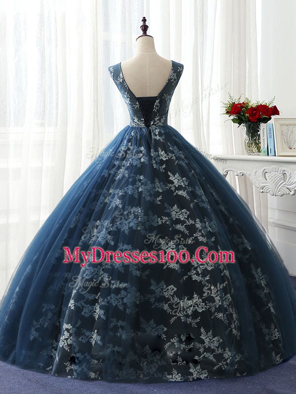 Sumptuous Sleeveless Floor Length Ruffles and Pattern Lace Up Sweet 16 Dresses with Navy Blue