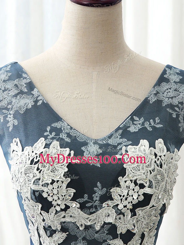 Sumptuous Sleeveless Floor Length Ruffles and Pattern Lace Up Sweet 16 Dresses with Navy Blue