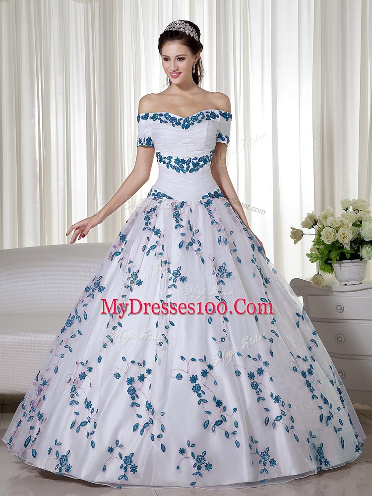 White Ball Gowns Off The Shoulder Short Sleeves Organza Floor Length Lace Up Embroidery 15 Quinceanera Dress