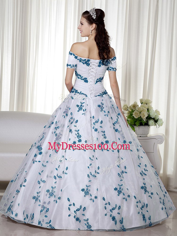 White Ball Gowns Off The Shoulder Short Sleeves Organza Floor Length Lace Up Embroidery 15 Quinceanera Dress