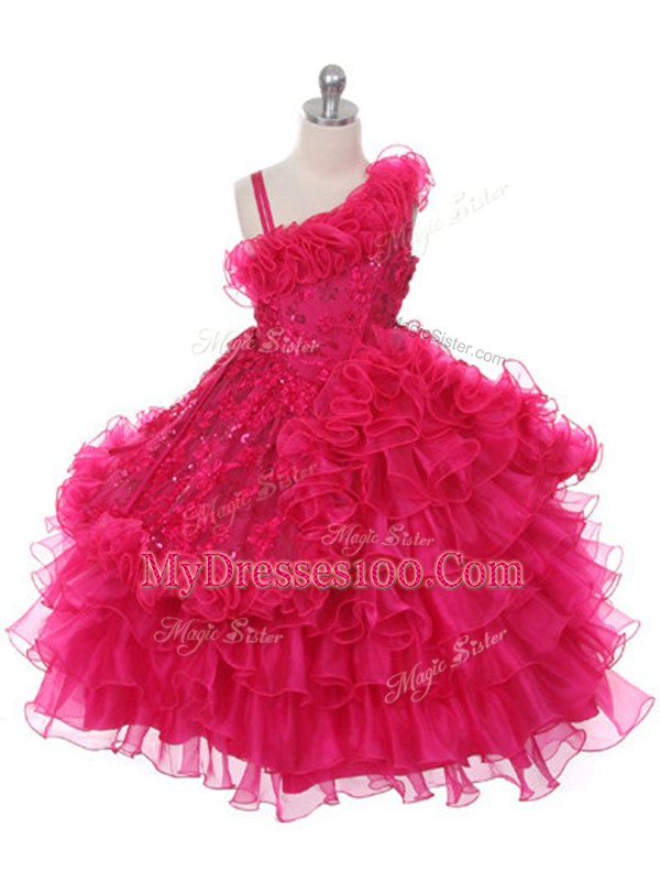 Discount Floor Length Hot Pink Pageant Gowns For Girls Asymmetric Sleeveless Lace Up