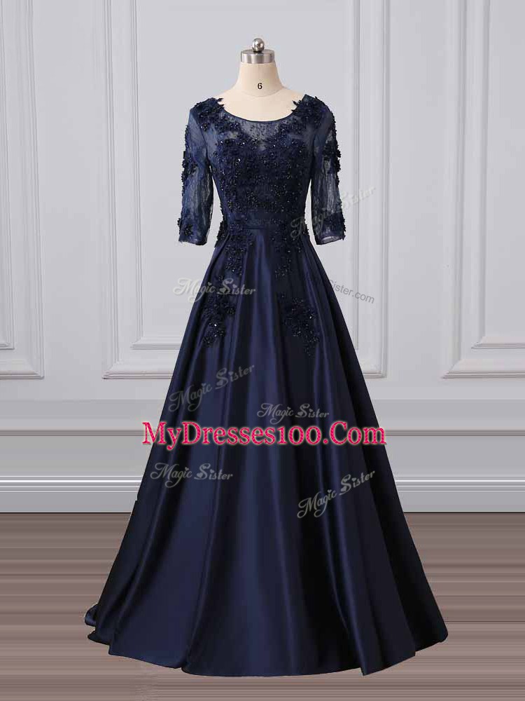 Lace and Appliques Mother of Groom Dress Navy Blue Zipper 3 4 Length Sleeve Brush Train
