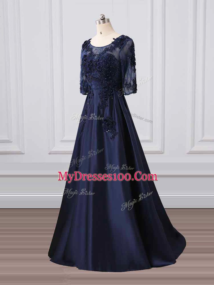 Lace and Appliques Mother of Groom Dress Navy Blue Zipper 3 4 Length Sleeve Brush Train