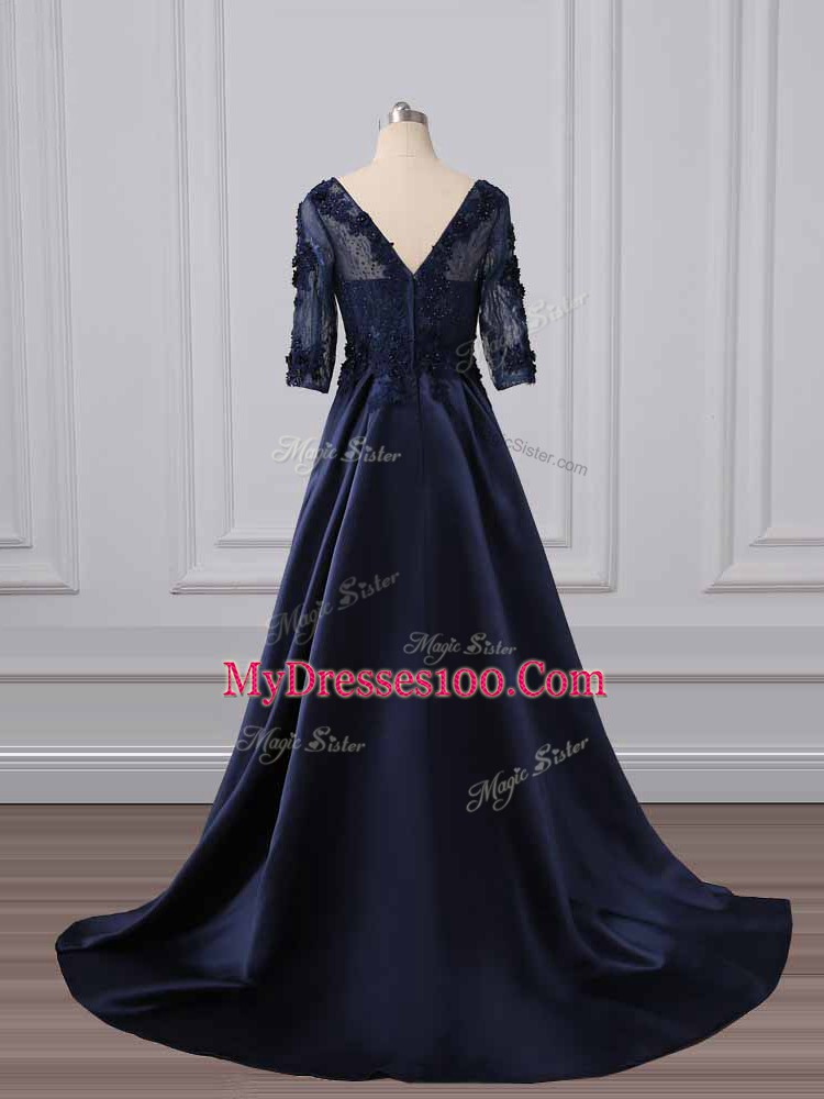 Lace and Appliques Mother of Groom Dress Navy Blue Zipper 3 4 Length Sleeve Brush Train