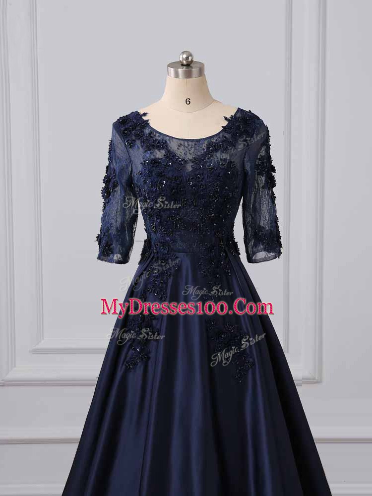 Lace and Appliques Mother of Groom Dress Navy Blue Zipper 3 4 Length Sleeve Brush Train