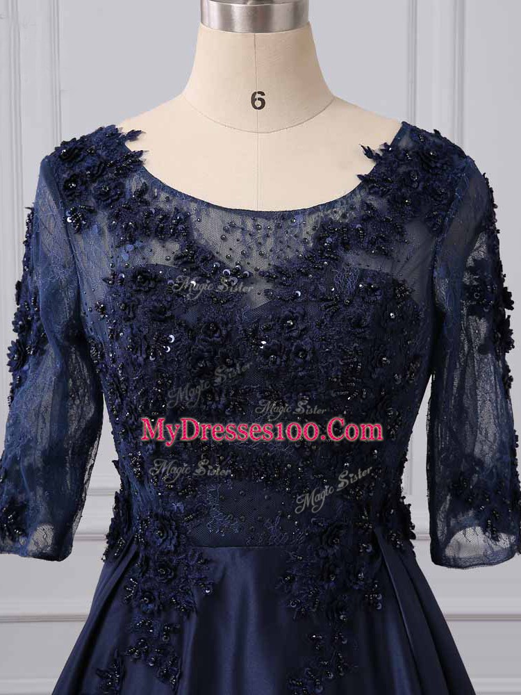 Lace and Appliques Mother of Groom Dress Navy Blue Zipper 3 4 Length Sleeve Brush Train