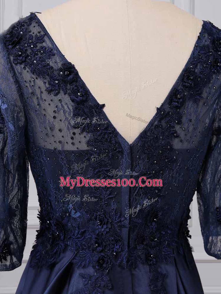 Lace and Appliques Mother of Groom Dress Navy Blue Zipper 3 4 Length Sleeve Brush Train