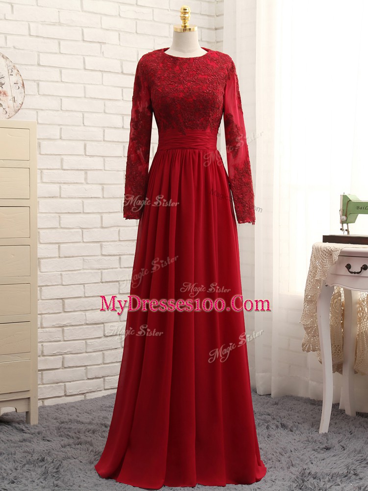 Wine Red Chiffon Zipper Mother Of The Bride Dress Long Sleeves Floor Length Lace and Appliques