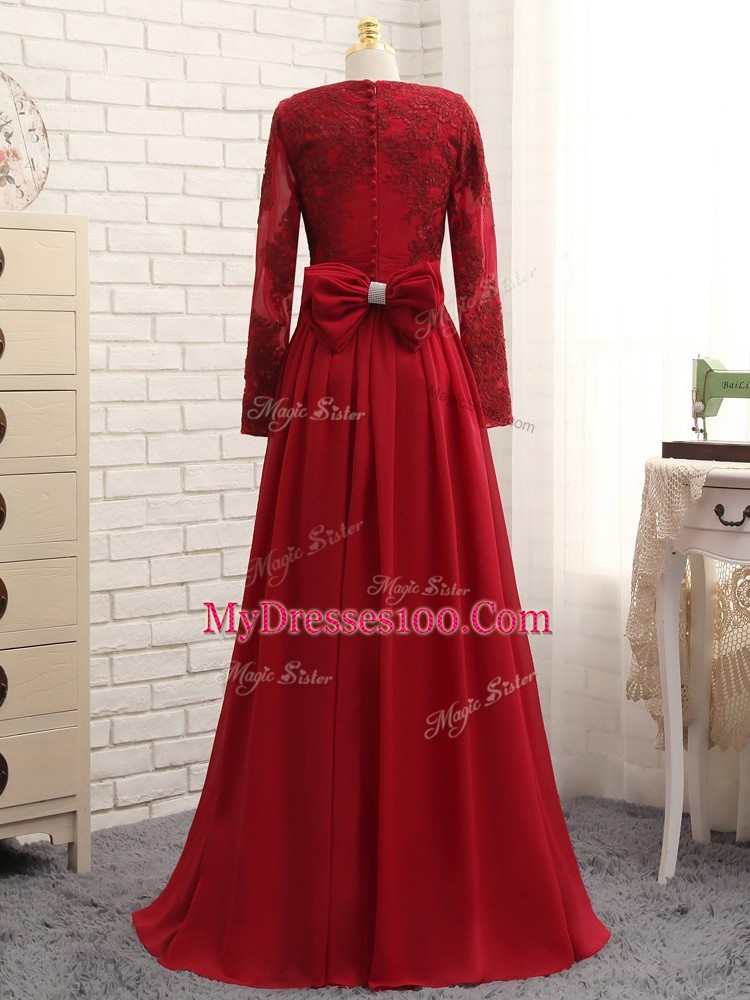 Wine Red Chiffon Zipper Mother Of The Bride Dress Long Sleeves Floor Length Lace and Appliques