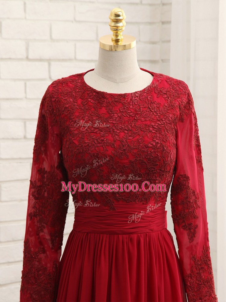 Wine Red Chiffon Zipper Mother Of The Bride Dress Long Sleeves Floor Length Lace and Appliques