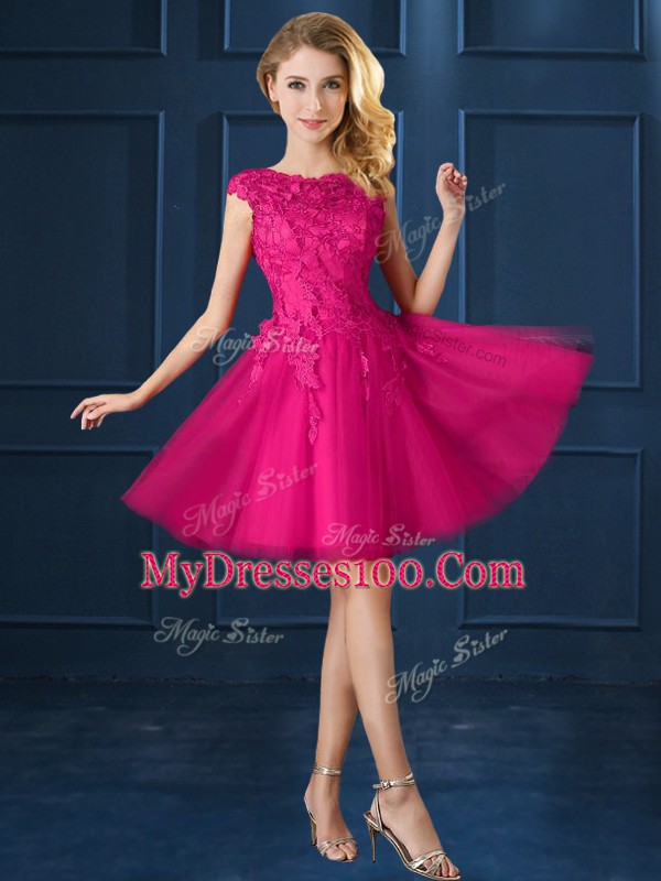 Beauteous Knee Length A-line Cap Sleeves Fuchsia Damas Dress Lace Up