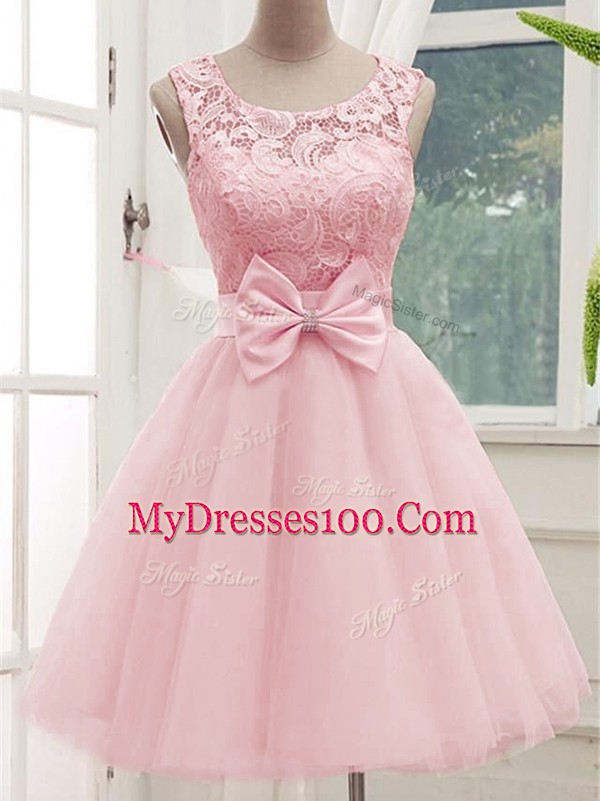 Exquisite Knee Length Lace Up Bridesmaid Dress Baby Pink for Prom and Party and Wedding Party with Lace and Bowknot