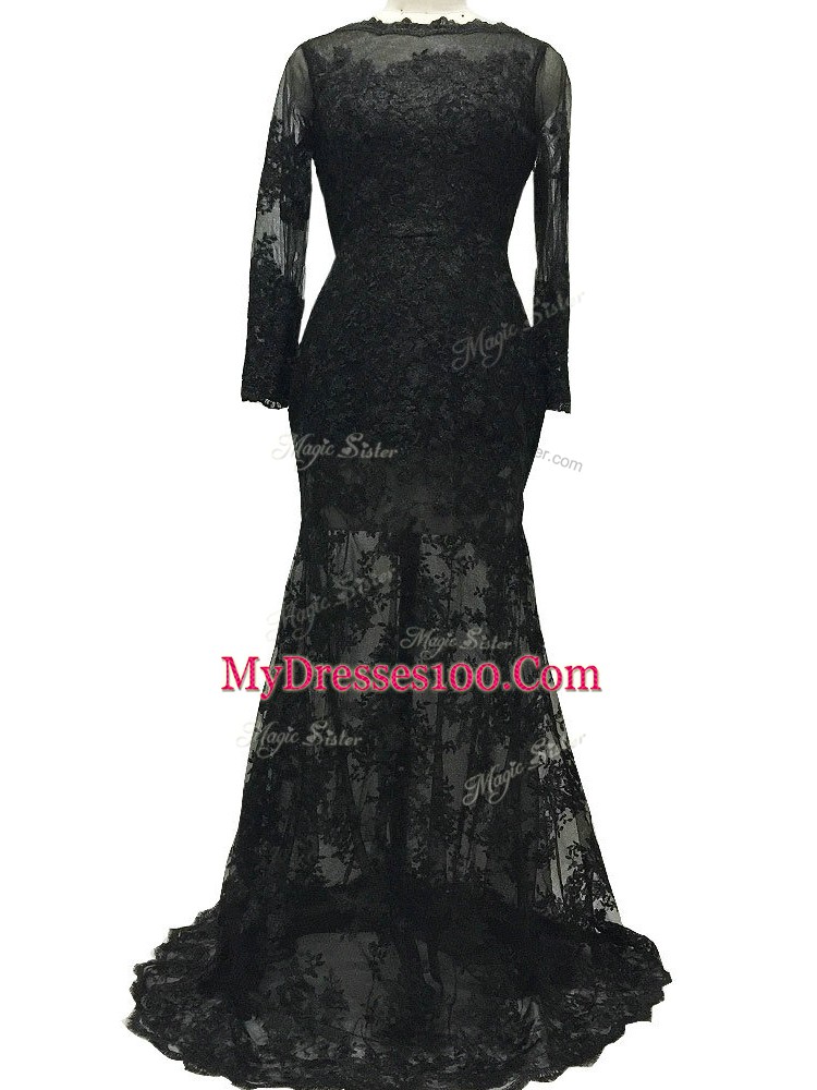 Lace and Belt Mother of Groom Dress Black Backless Long Sleeves Brush Train