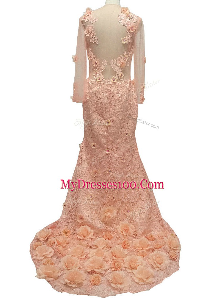 Perfect Peach Mother Dresses Tulle Brush Train Long Sleeves Beading and Hand Made Flower