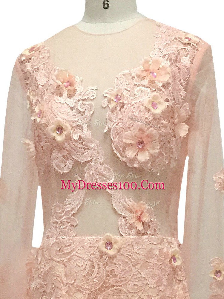 Perfect Peach Mother Dresses Tulle Brush Train Long Sleeves Beading and Hand Made Flower
