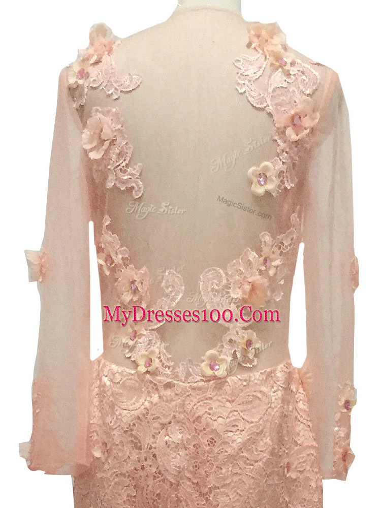Perfect Peach Mother Dresses Tulle Brush Train Long Sleeves Beading and Hand Made Flower