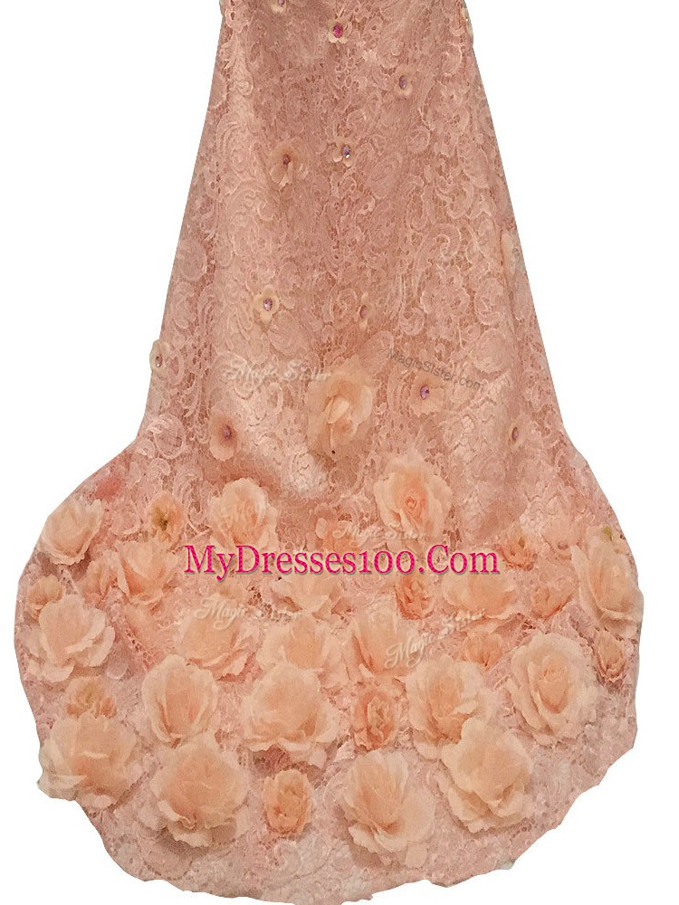 Perfect Peach Mother Dresses Tulle Brush Train Long Sleeves Beading and Hand Made Flower