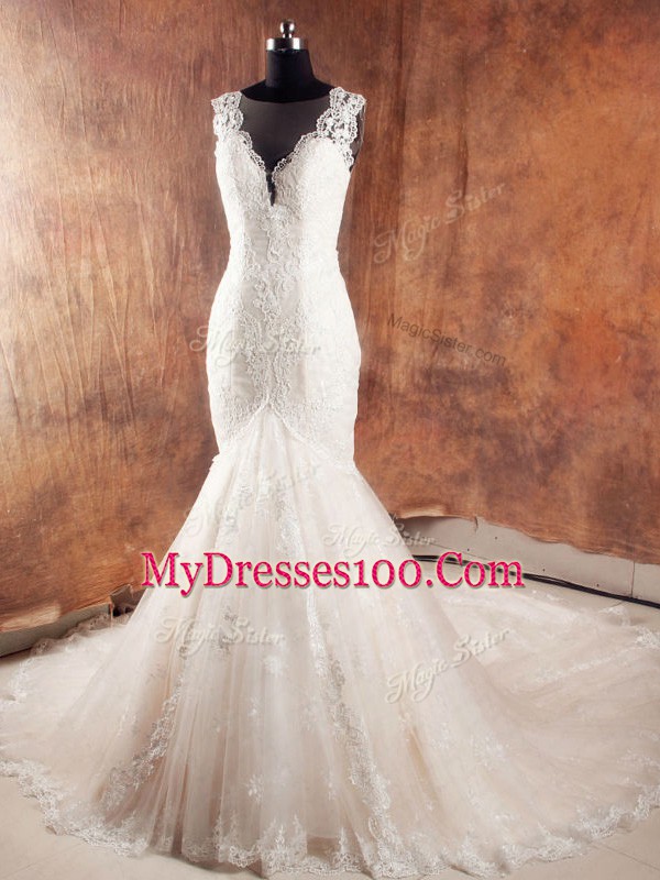 Custom Made Court Train Mermaid Wedding Gowns White V-neck Tulle Sleeveless Side Zipper