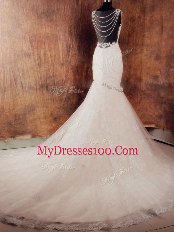 Custom Made Court Train Mermaid Wedding Gowns White V-neck Tulle Sleeveless Side Zipper