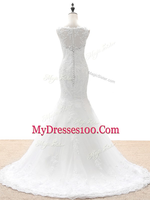 Perfect Sleeveless Brush Train Beading and Lace and Appliques Zipper Wedding Gowns