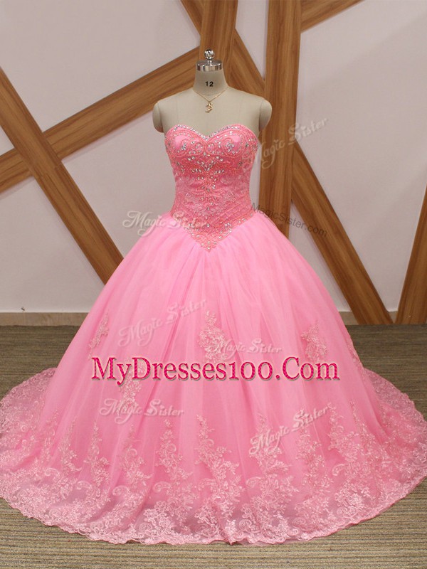 Beautiful Sleeveless Beading and Lace Lace Up Quinceanera Dresses with Rose Pink Brush Train
