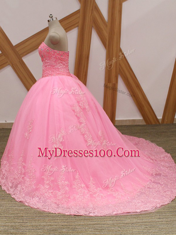 Beautiful Sleeveless Beading and Lace Lace Up Quinceanera Dresses with Rose Pink Brush Train