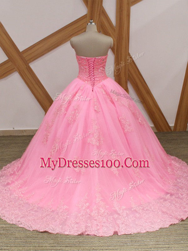 Beautiful Sleeveless Beading and Lace Lace Up Quinceanera Dresses with Rose Pink Brush Train