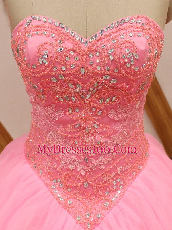 Beautiful Sleeveless Beading and Lace Lace Up Quinceanera Dresses with Rose Pink Brush Train