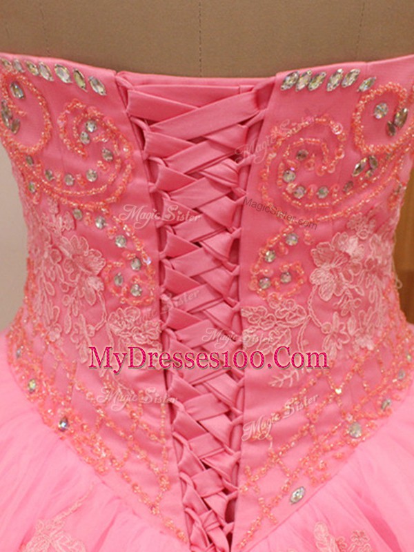 Beautiful Sleeveless Beading and Lace Lace Up Quinceanera Dresses with Rose Pink Brush Train