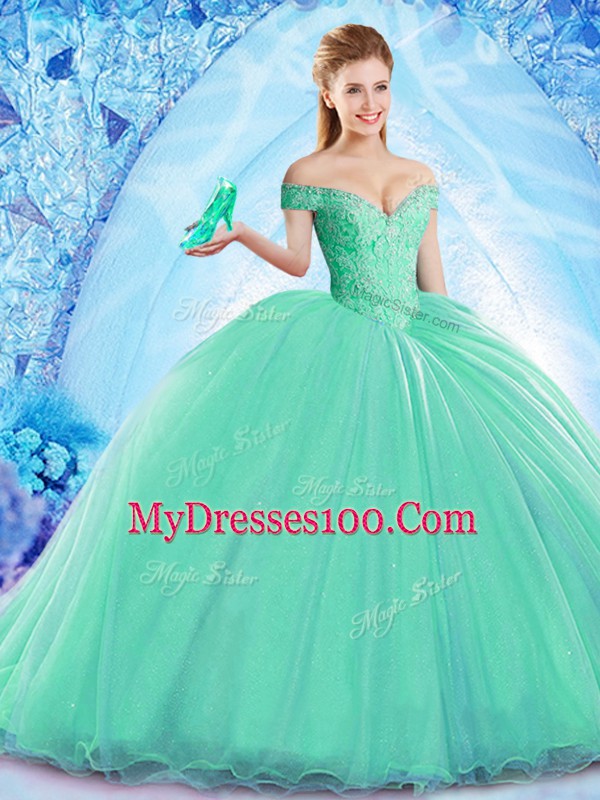 Colorful Turquoise Ball Gowns Off The Shoulder Sleeveless Organza Brush Train Lace Up Beading Quinceanera Dress
