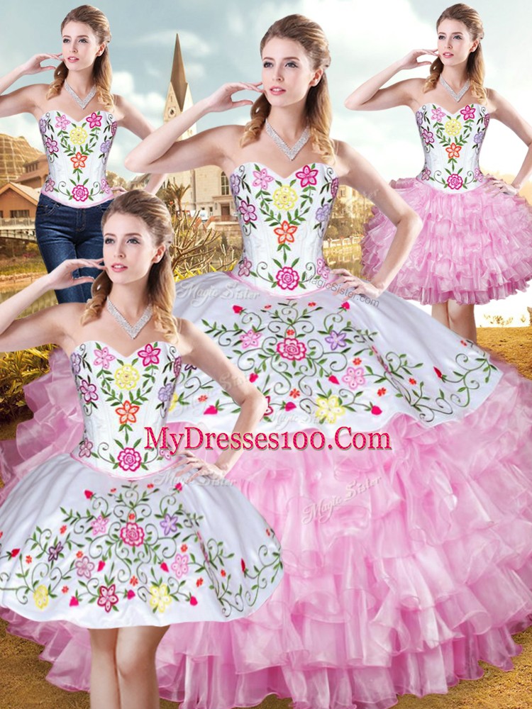 Sleeveless Floor Length Embroidery and Ruffled Layers Lace Up Vestidos de Quinceanera with Rose Pink