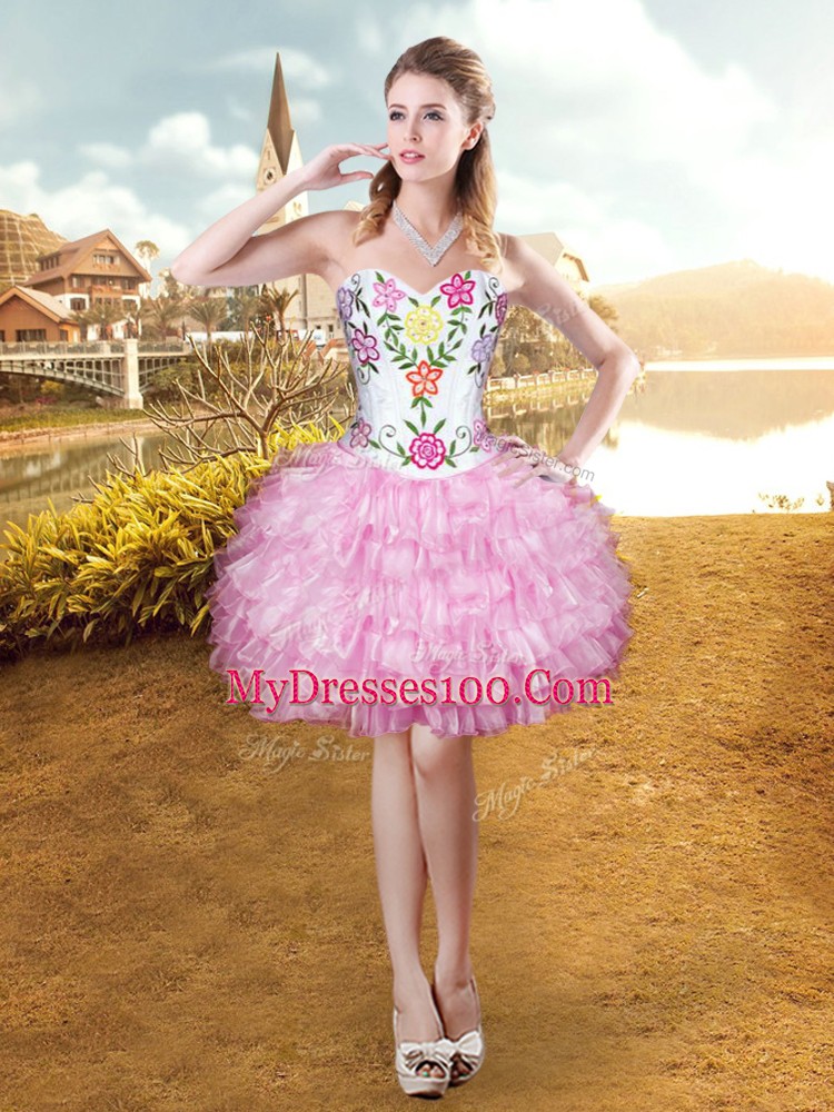 Sleeveless Floor Length Embroidery and Ruffled Layers Lace Up Vestidos de Quinceanera with Rose Pink