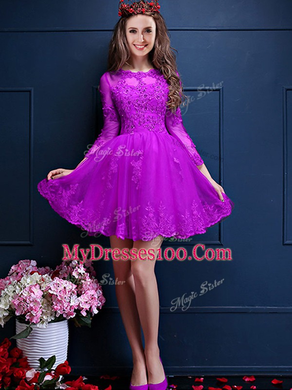 Scalloped 3 4 Length Sleeve Chiffon Quinceanera Court Dresses Beading and Lace and Appliques Lace Up