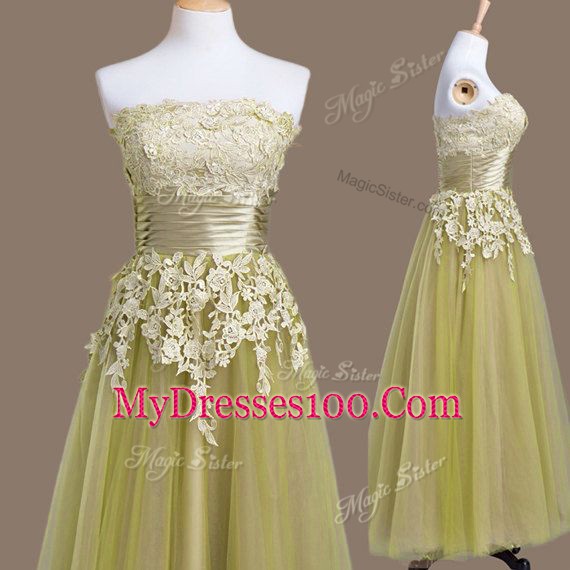 Classical Strapless Sleeveless Lace Up Wedding Guest Dresses Olive Green Tulle