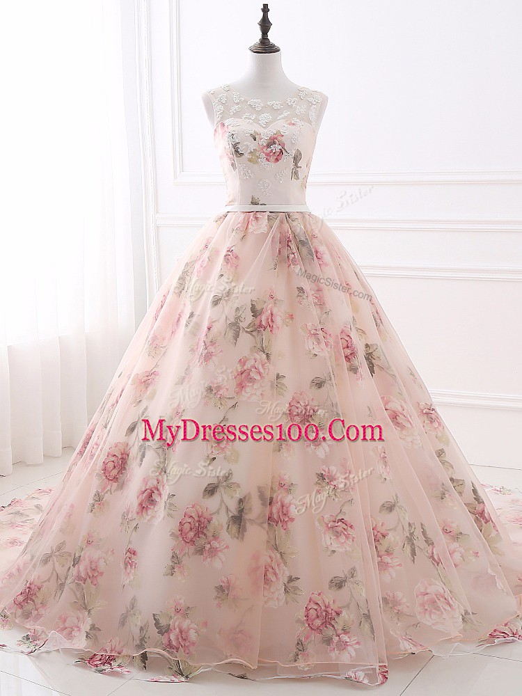 Hot Selling Sleeveless Organza and Printed Brush Train Zipper Prom Dress in Pink with Lace and Appliques and Belt