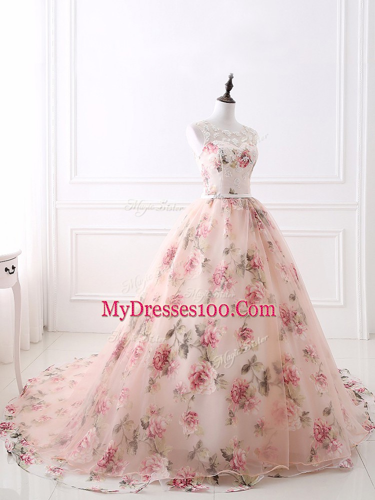 Hot Selling Sleeveless Organza and Printed Brush Train Zipper Prom Dress in Pink with Lace and Appliques and Belt